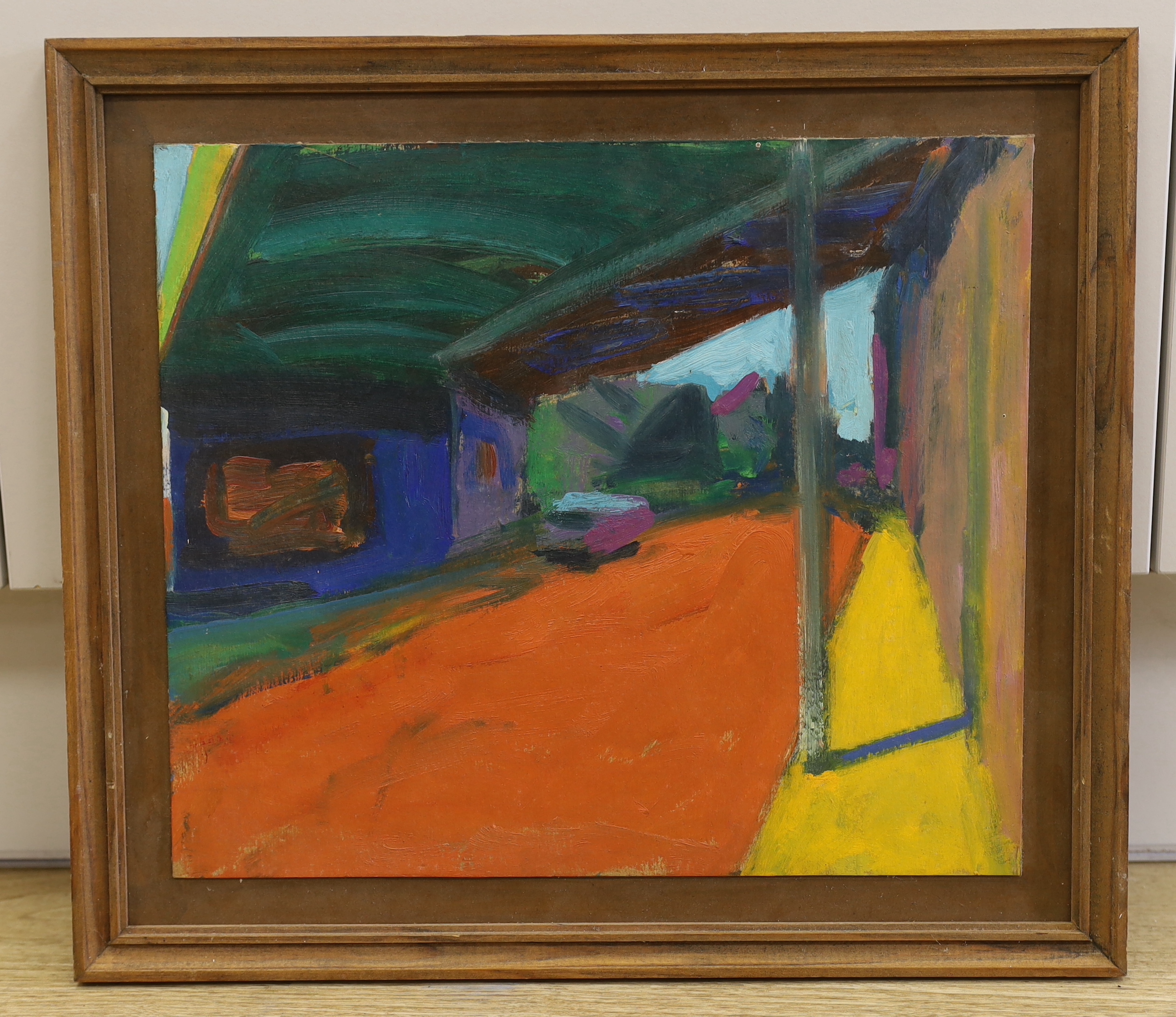 Anthony Frost (b.1951-), oil on board, abstract street scene, 35 x 30cm